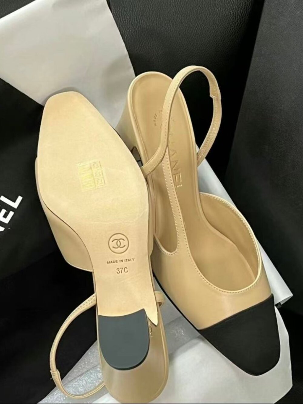 Chanel Two-Tone Slingback Block Heel Pumps Size 37C - Picture 5 of 5